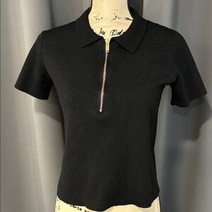 Zara Black Short Sleeve Zip-Up Top